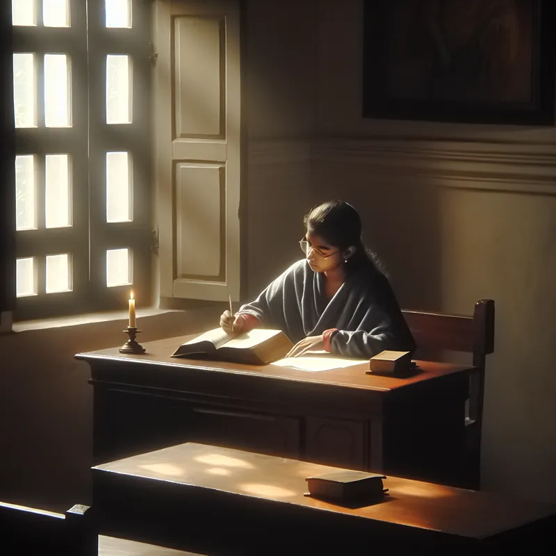 Student studeert bij houten bureau met boeken en kaarslicht