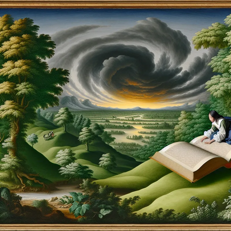 Een student die op een grasheuvel zit, verdiept in een open boek te midden van weelderige groene natuur, met een dramatische lucht vol wolken.