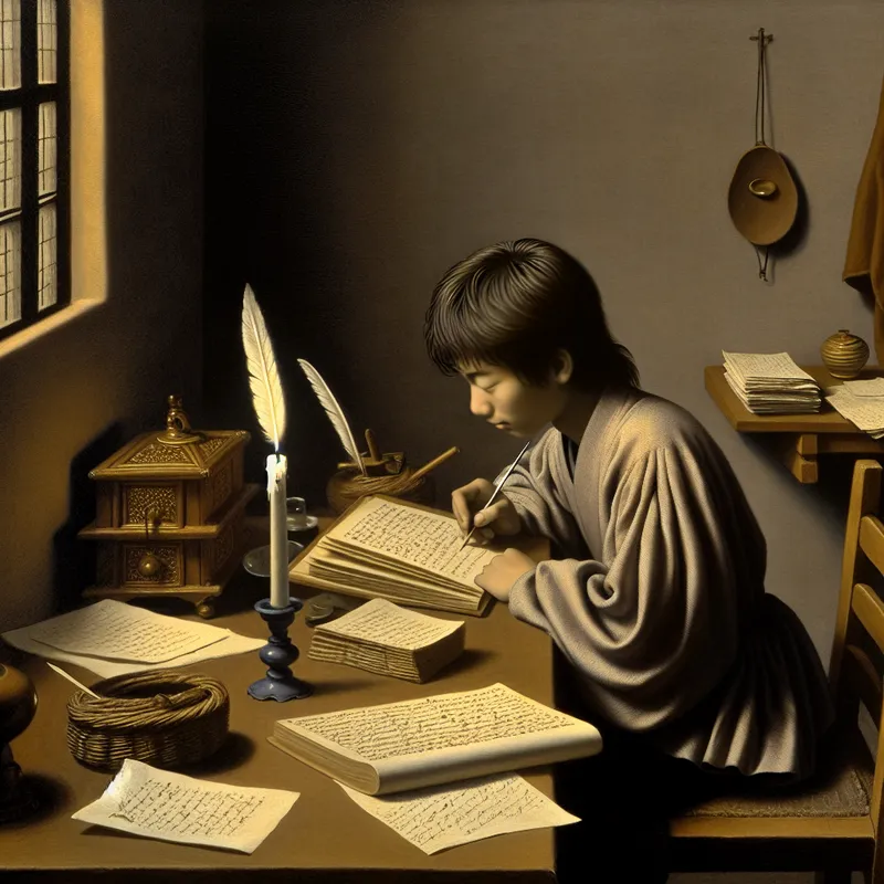 Jonge student bereidt zich geconcentreerd voor op een examen in een rustige, sfeervol verlichte kamer met kaarslicht