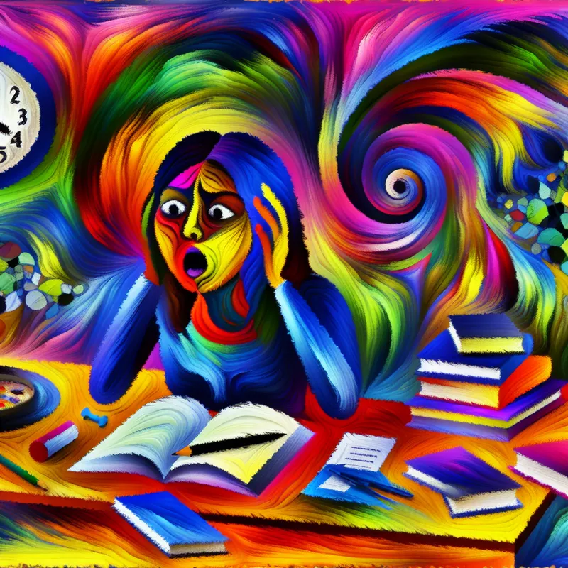 Een student met een zenuwachtige uitdrukking die zich voorbereidt op een wiskunde-examen aan een kleurrijk bureau vol boeken en notities.