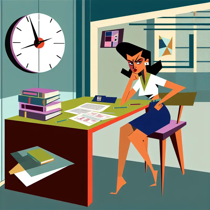 Illustratie van een student met een uitdagende blik die aan een bureau zit met onafgemaakt huiswerk en verspreide boeken.