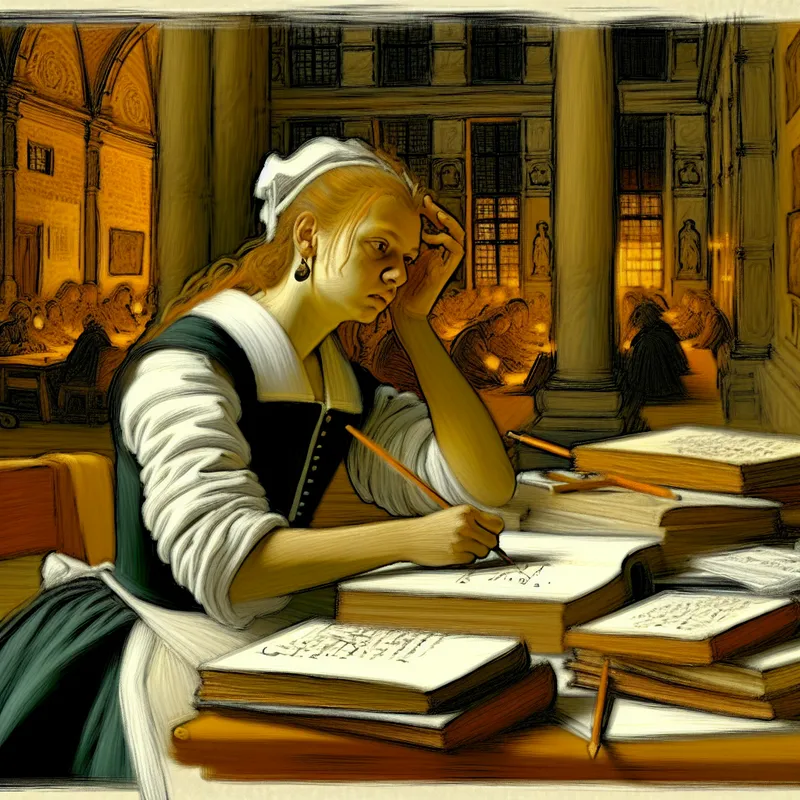 Een studente verdiept in haar studie aan een universiteit in Amsterdam, omringd door boeken en notities.