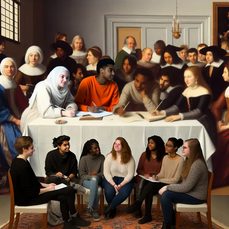 Diverse groep studenten in een elegante ruimte, met mensen van verschillende leeftijden en achtergronden die samen over hun volgende stappen overleggen.