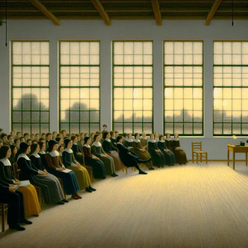 Groep studenten op een podium tijdens de laatste fase van hun presentatie, met een vervaagde toeschouwersachtergrond