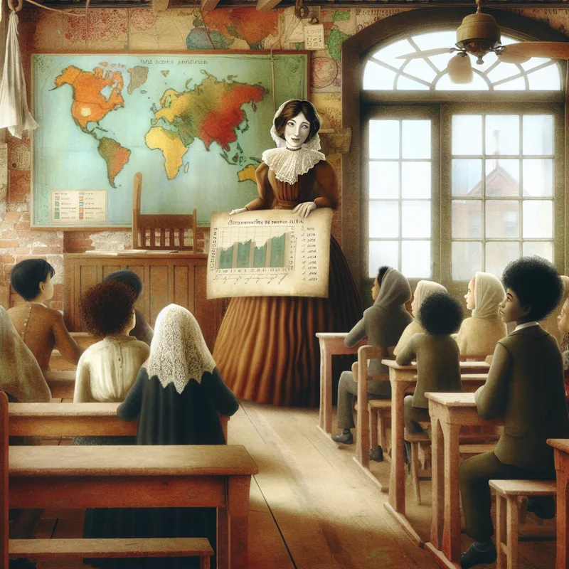 Een nostalgisch klaslokaal met een leraar die een grote grafiek toont over de prestaties van studenten in vergelijking met nationale gemiddelden.