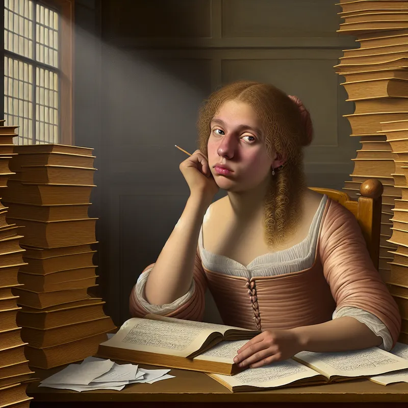 Een jonge vrouw zit aan een houten bureau in een rustige studeerkamer, omringd door stapels wiskundeboeken, met een nadenkende uitstraling terwijl ze op haar kin steunt.