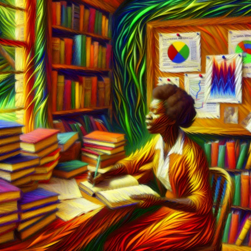 Een jonge vrouw schrijft geconcentreerd in haar notitieboek te midden van boeken en aantekeningen over klimaatverandering in een gezellige studeerkamer.