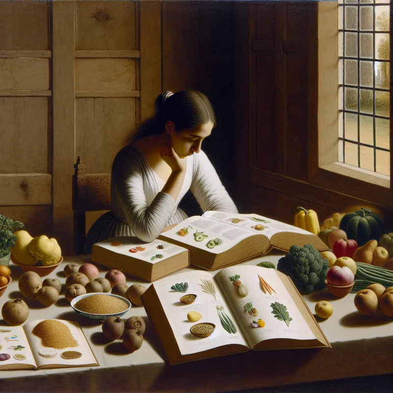 Een jonge vrouw studeert aan een tafel vol met voedsel zoals fruit, groenten en granen, omringd door boeken over voeding.