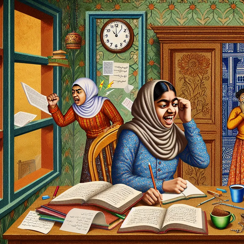 Een jonge vrouw studeert chaotisch aan een kleurrijke bureau vol boeken en notities, omringd door vrienden die haar aanmoedigen.