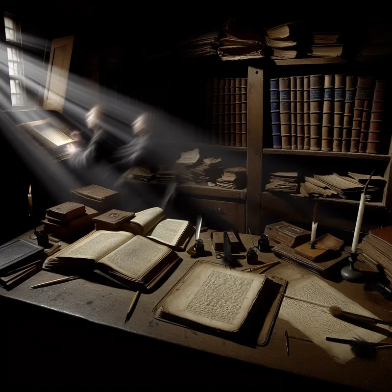 Een student studeert geconcentreerd in een schemerige studiekamer vol oude boeken, met een open tekstboek en gekleurde markeringen.