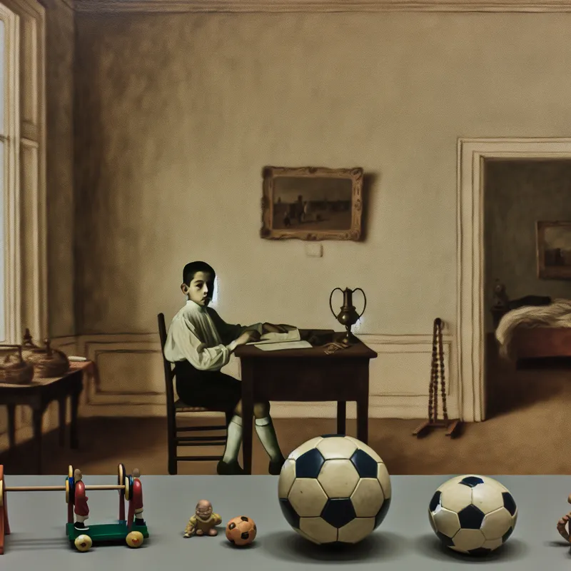 Jonge student studeert aan bureau in elegante kamer met speelgoed op de achtergrond