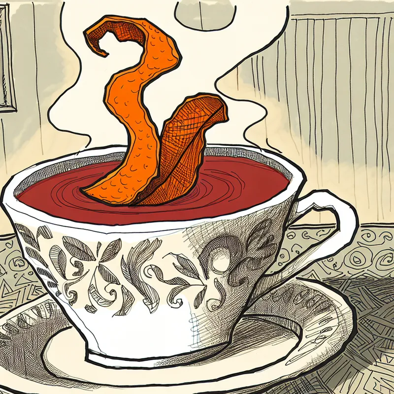 Kartonnen illustratie van een dampende kop thee met een levendig oranje stukje sinaasappelschil dat op het oppervlak drijft, in een gezellige keukenomgeving