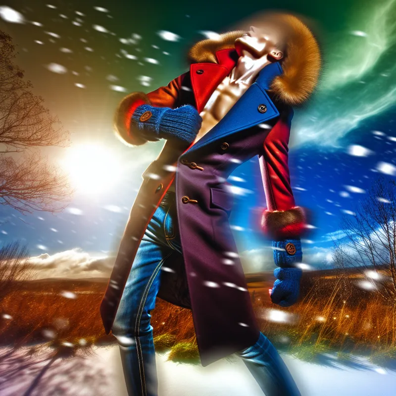 Een persoon in een stijlvolle jas in een winterse omgeving met vallende sneeuw.