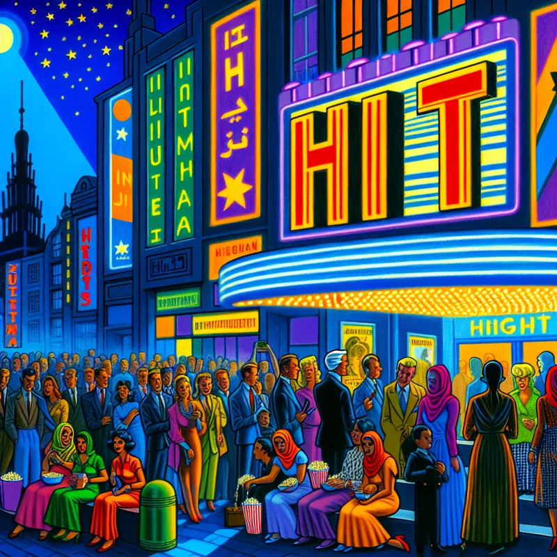 Retro-futuristische illustratie van een druk Europees stadscentrum bij nacht met een gloeiend bioscoopbord met het woord 'HIT', waar enthousiaste mensen in jaren '50-stijl in de rij staan voor een succesvolle film