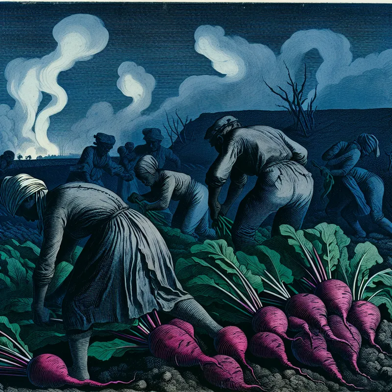 Groep arbeiders oogst suikerbieten in een ruig landelijk landschap met een blauwe gloed tijdens de schemering.