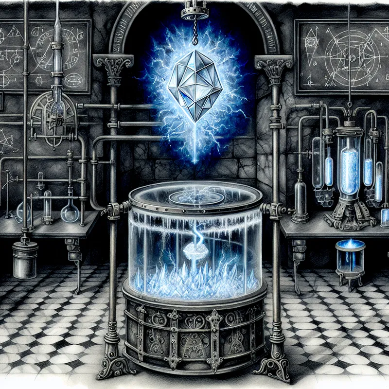 Gothische wetenschappelijke laboratoriumscène met zwevend supergeleidend materiaal boven cryogene kamer, omgeven door ijskristallen en 19e-eeuwse apparatuur