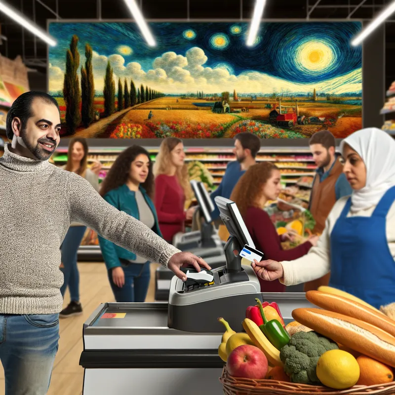 Een drukke supermarkt kassa met klanten in de rij, een shopper gebruikt een pinpas bij de zelfscanner.