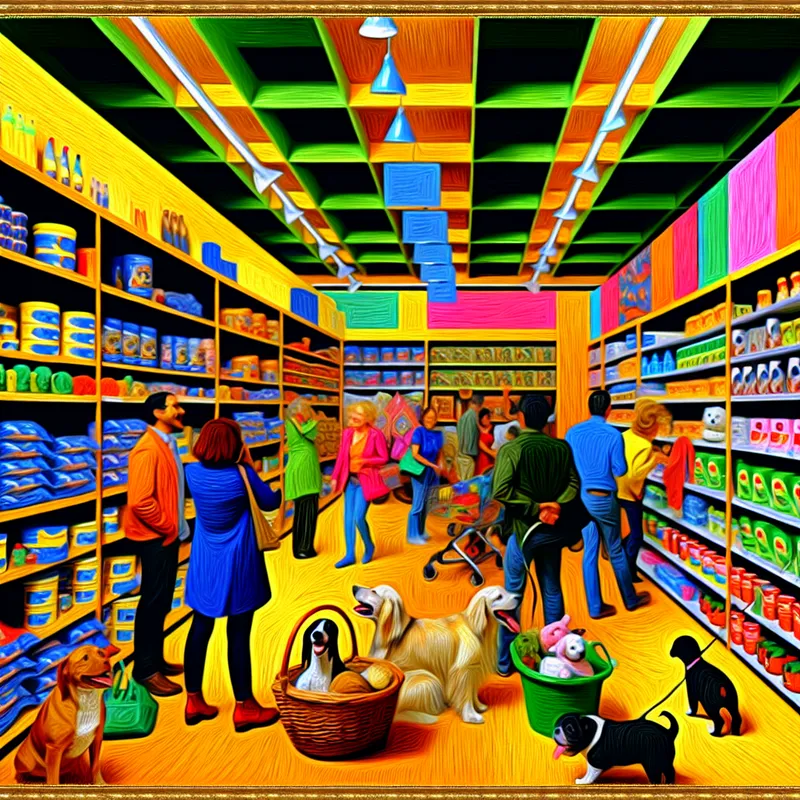 Vibrante supermarktgang vol met diverse huisdierproducten en blije klanten