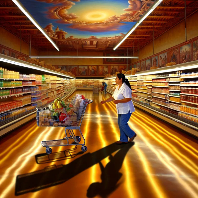 Persoon met winkelwagentje haast zich door supermarkt