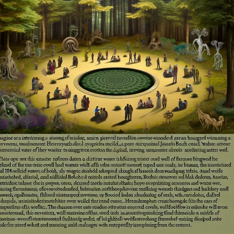 Surreal boslandschap met oude waterput en Bosch-achtige wezens