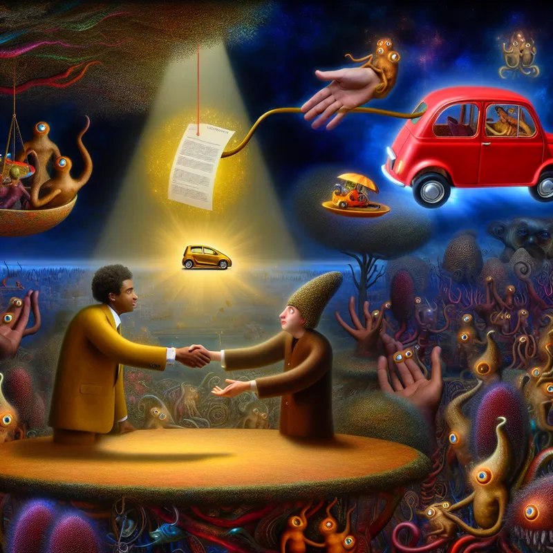 Surrealistisch tafereel in de stijl van Hieronymus Bosch met twee figuren aan een zwevende onderhandelingstafel, waarbij het ene aanbod voor samenwerking beleefd wordt afgewezen