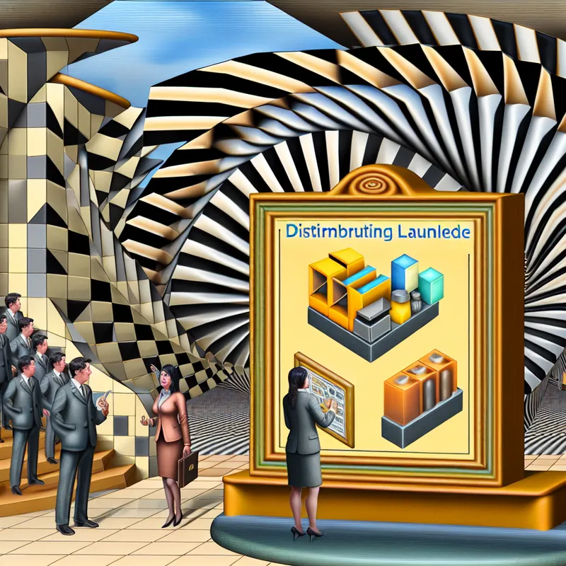 Surrealistisch kantoor met aankondigingsbord over productlanceringen, omgeven door geometrische illusies en werknemers in discussie.