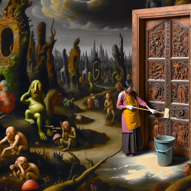 Een figuur die oude, afbladderende verf van een grote houten deur schraapt in een surrealistisch landschap met bizarre wezens.