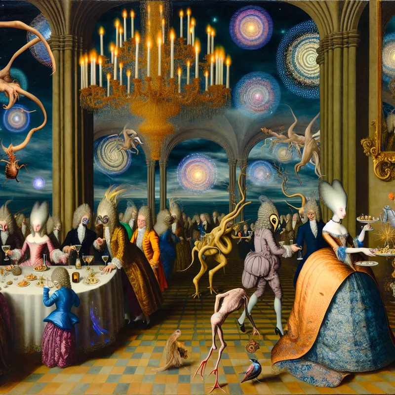 Surrealistisch avondfeest in de stijl van Hieronymus Bosch met elegante gasten in avondjurken, bizarre wezens en een magische sfeer onder een kandelaar