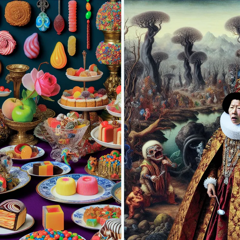Een jonge vrouw in een opvallende jurk leunt over een tafel vol kleurrijke snoep en zoetigheden, terwijl bizarre wezens met afschuw toekijken, in een surrealistisch, droomachtig landschap.