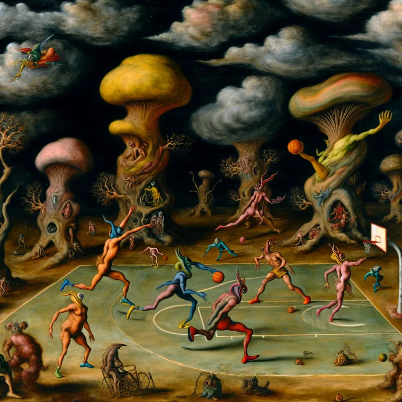 Surrealistisch basketbalspel met bizarre wezens onder een donkere lucht