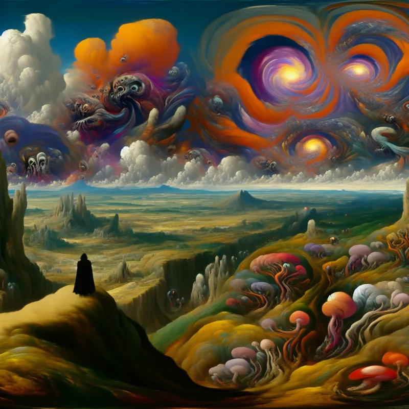 Surrealistisch berglandschap met bizarre wezens en vreemde planten, een figuur staat op de rand van de klif.