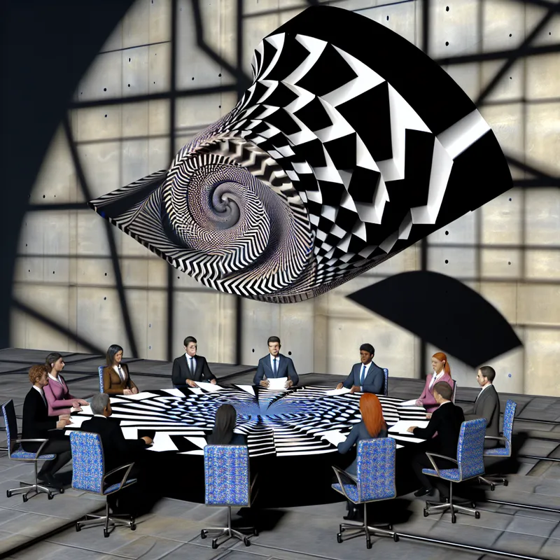 Surrealistische voorstelling van een bestuur of examenbank in de stijl van M.C. Escher, met diverse mensen rond een zwevende, geometrisch onmogelijke tafel vol optische illusies en documenten die veranderen in patronen