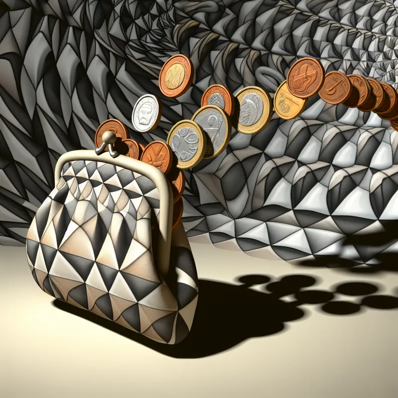 Een surrealistisch beursje gevuld met verschillende munten, met een geometrisch ontwerp en een optische illusie die de munten oneindig laat lijken.