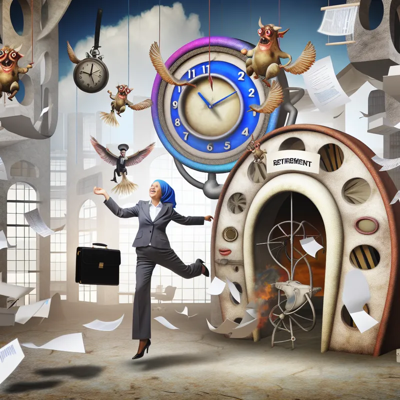 Een persoon in businesskleding die blij uit een versierde deur met het label 'RETIREMENT' stapt, omringd door fantasierijke wezens die verantwoordelijkheden symboliseren.