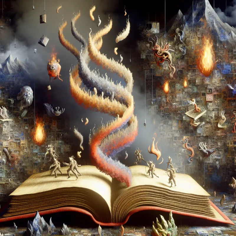 Surrealistische scène geïnspireerd door Hieronymus Bosch met een geopend oud boek in de voorgrond en bizarre wezens op de achtergrond die literaire thema's uitbeelden.