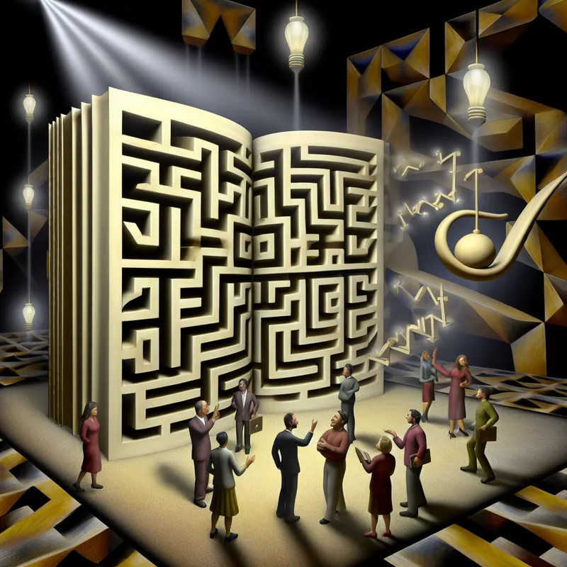 Surrealistisch geometrisch beeld van een groot patroonboek met symbolen als open deuren en lichtbollen, omringd door een diverse menigte die betrokken discussies voert.