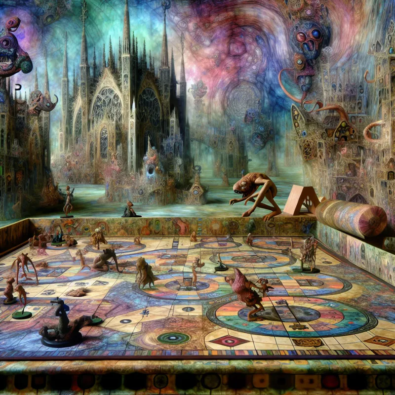 Een surrealistisch bordspel in een bizarre en fantasierijke setting met vreemde wezens.