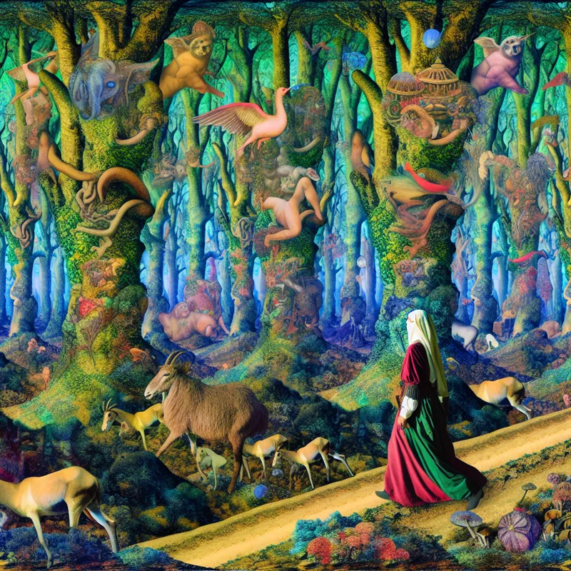 Een mysterieuze verkenner wandelt een kronkelig pad door een surrealistisch bos vol bizarre wezens.