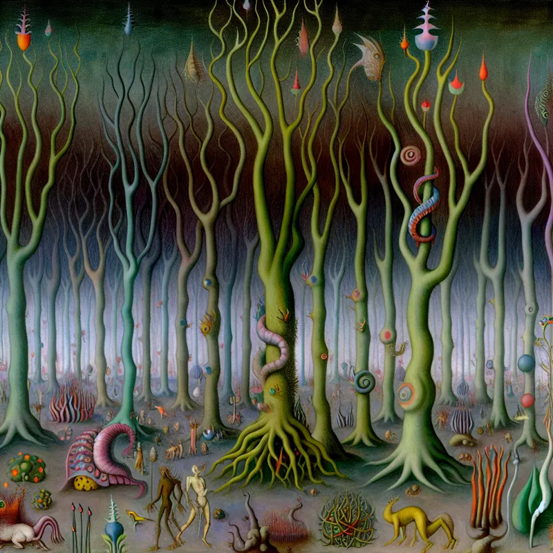 Surrealistisch boslandschap geïnspireerd door Hieronymus Bosch met bizarre wezens en groeiende bomen.