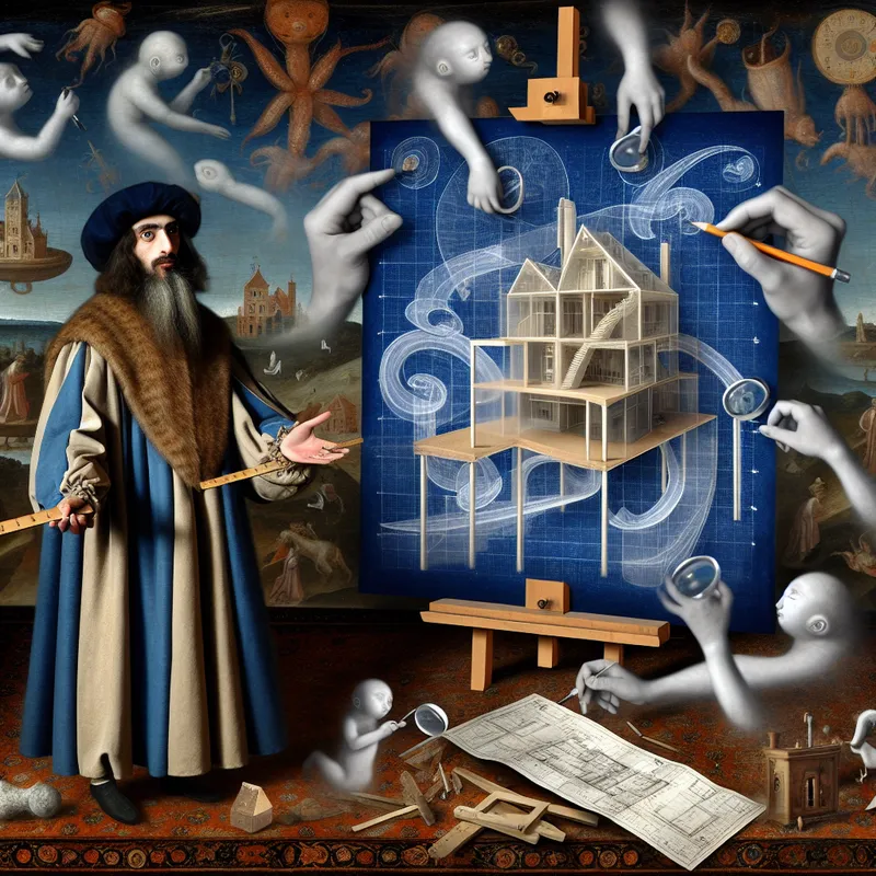 Surrealistische tekening van een architect die een fantastisch bouwplan presenteert, omringd door vreemde wezens en symbolische gereedschappen in de stijl van Jheronimus Bosch