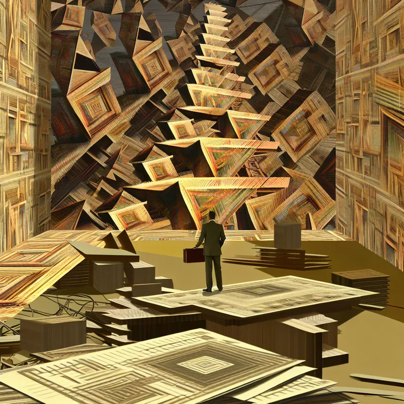 Een surrealistisch bouwterrein met rare gebouwen en geometrische structuren, een gefrustreerde projectmanager omringd door blauwdrukken, representatief voor kwaliteitsproblemen in projecten.