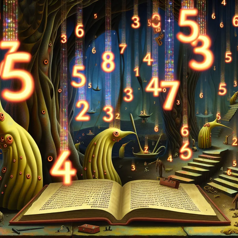 Surrealistisch bureau van statistiek in de stijl van Hieronymus Bosch met zwevende cijfers en bizarre wezens die werkloosheids- en criminaliteitsstatistieken verwerken