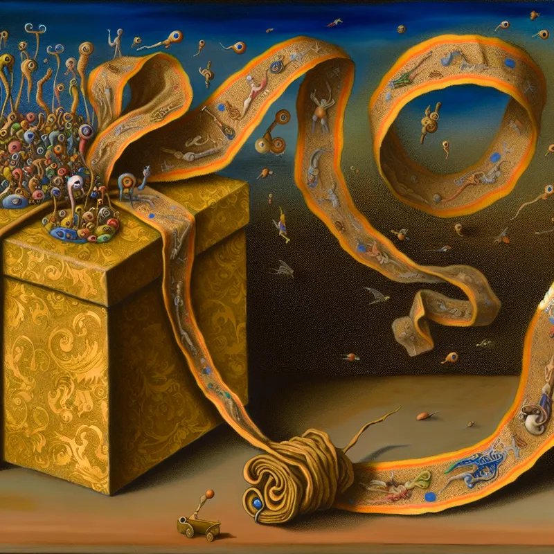 Surrealistisch cadeaulint met gouden verpakking en levendige patronen in de stijl van Hieronymus Bosch, gebruikt om geschenken vast te maken en te versieren