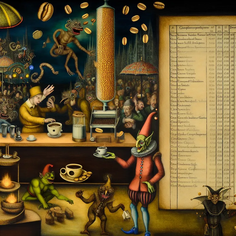 Surrealistisch cafétafereel in de stijl van Jheronimus Bosch, waarin een half-mechanische barista een minuscuul kopje koffie serveert voor een torenhoge stapel gouden munten aan een verbijsterde hybride klant, omringd door spottende figuren en absurde details