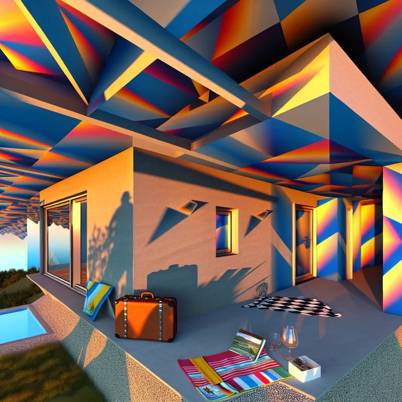 Surrealistisch chalet dat op een fantasierijke wijze versmelt met het landschap, met geometrische patronen en vakantie-elementen binnenin.
