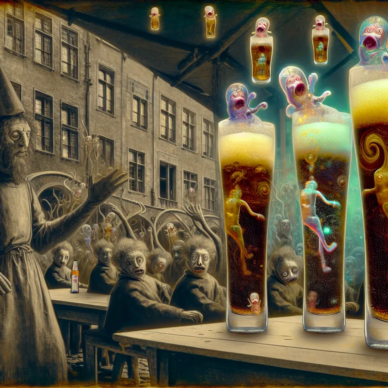 Surrealistisch cafétafereel in de stijl van Jheronimus Bosch met drie hoge glazen bruisende cola, omringd door bizarre wezentjes en een onheilspellende sfeer