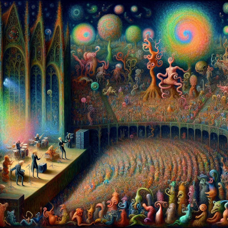 Surrealistisch concert op een groot podium met bizarre en fantastische wezens, geïnspireerd door de stijl van Hieronymus Bosch, omringd door een fascinerend publiek.
