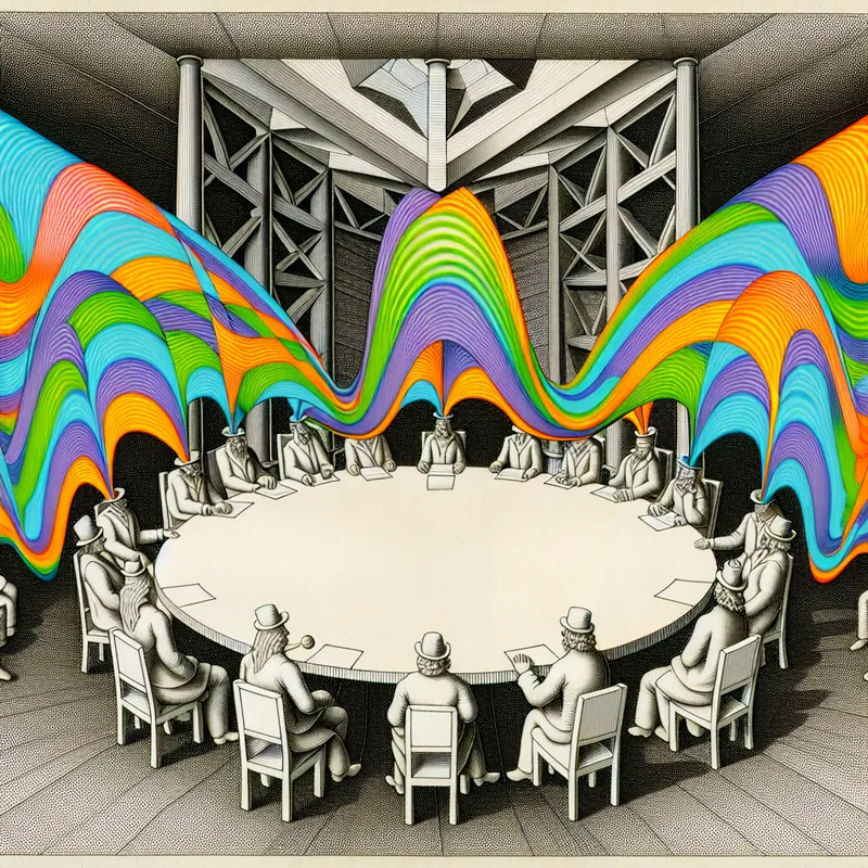 Surrealistische geometrische weergave van een debatscène met een cirkelvormige tafel en kleurrijke geluidsgolven.