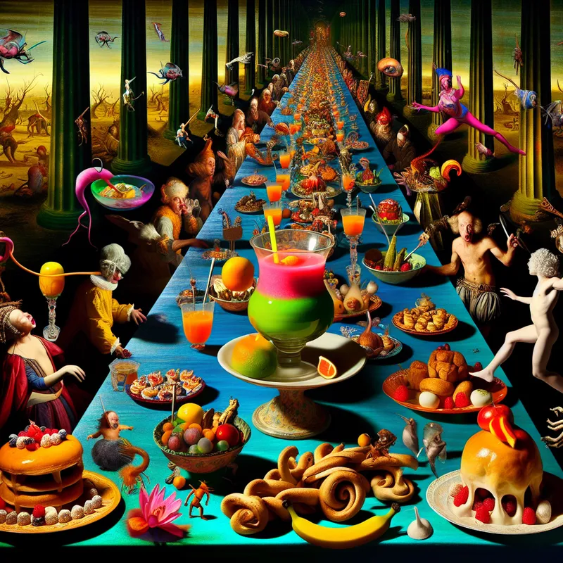 Een surrealistisch dinertafereel in de stijl van Hieronymus Bosch, met een lange tafel vol fantasierijke gerechten en een exotische drank in een versierde goblet.