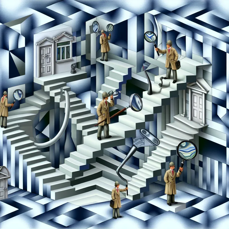 Detectives met vergrootglazen in een surrealistisch, geometrisch doolhof geïnspireerd door M.C. Escher, terwijl ze aanwijzingen onderzoeken in onmogelijke landschappen met paradoxale trappen.